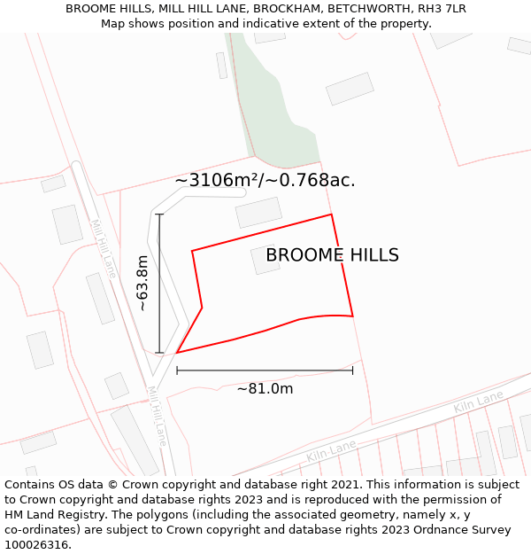 BROOME HILLS, MILL HILL LANE, BROCKHAM, BETCHWORTH, RH3 7LR: Plot and title map