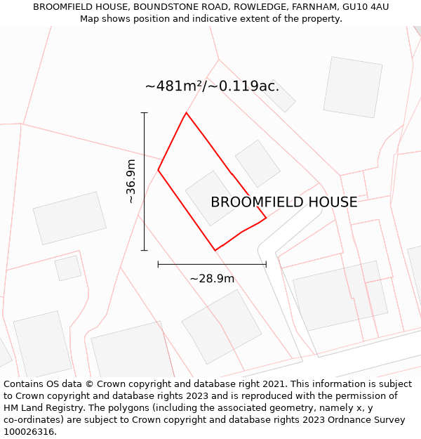 BROOMFIELD HOUSE, BOUNDSTONE ROAD, ROWLEDGE, FARNHAM, GU10 4AU: Plot and title map