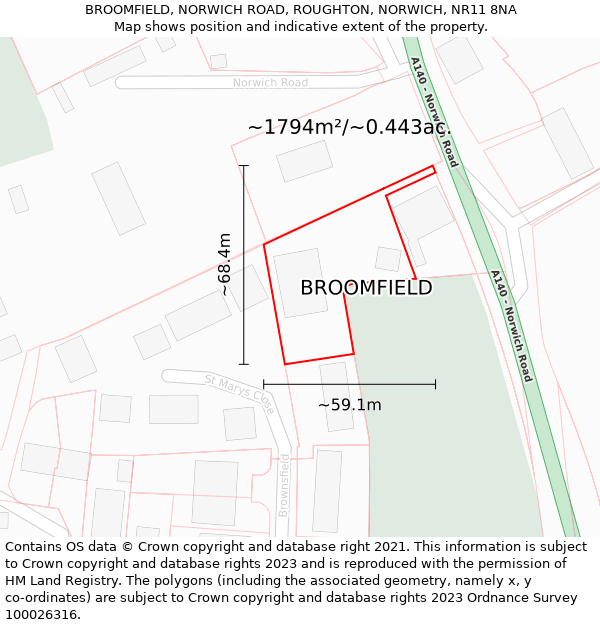 BROOMFIELD, NORWICH ROAD, ROUGHTON, NORWICH, NR11 8NA: Plot and title map