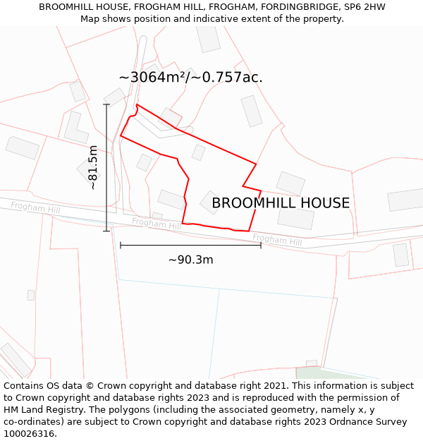 BROOMHILL HOUSE, FROGHAM HILL, FROGHAM, FORDINGBRIDGE, SP6 2HW: Plot and title map