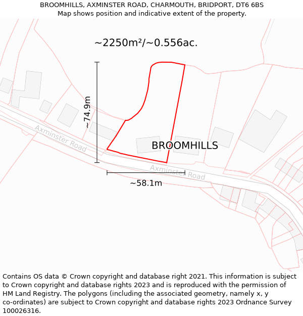 BROOMHILLS, AXMINSTER ROAD, CHARMOUTH, BRIDPORT, DT6 6BS: Plot and title map