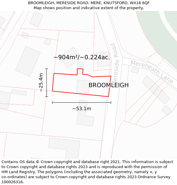 BROOMLEIGH, MERESIDE ROAD, MERE, KNUTSFORD, WA16 6QF: Plot and title map