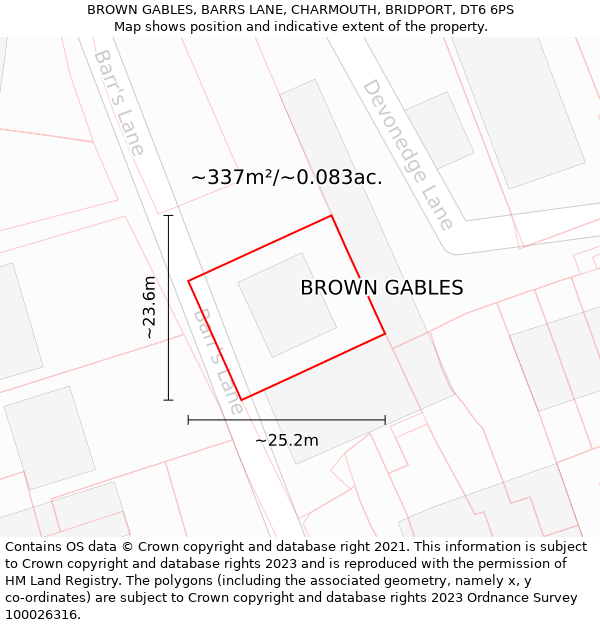 BROWN GABLES, BARRS LANE, CHARMOUTH, BRIDPORT, DT6 6PS: Plot and title map