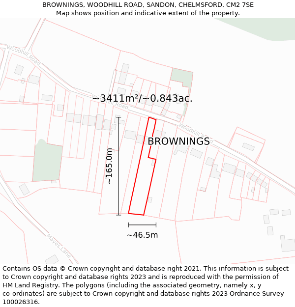 BROWNINGS, WOODHILL ROAD, SANDON, CHELMSFORD, CM2 7SE: Plot and title map