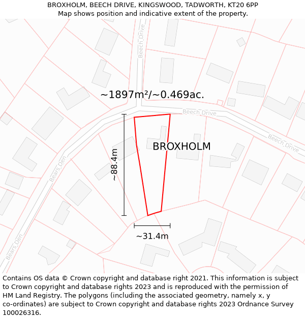 BROXHOLM, BEECH DRIVE, KINGSWOOD, TADWORTH, KT20 6PP: Plot and title map