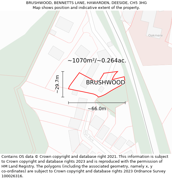 BRUSHWOOD, BENNETTS LANE, HAWARDEN, DEESIDE, CH5 3HG: Plot and title map