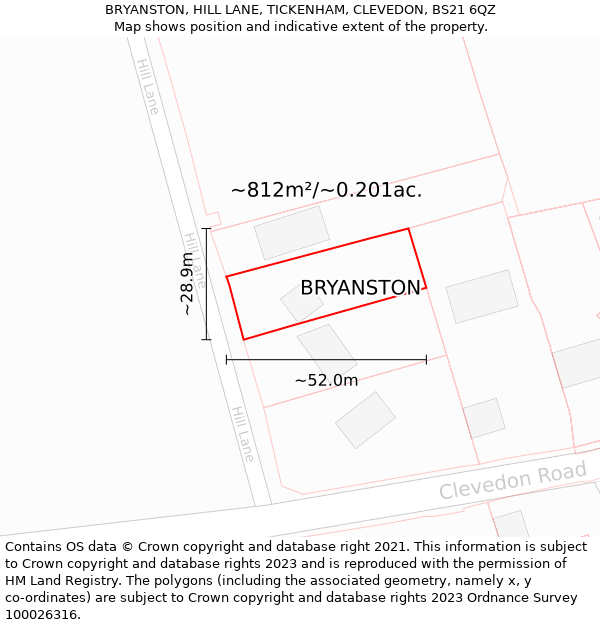 BRYANSTON, HILL LANE, TICKENHAM, CLEVEDON, BS21 6QZ: Plot and title map