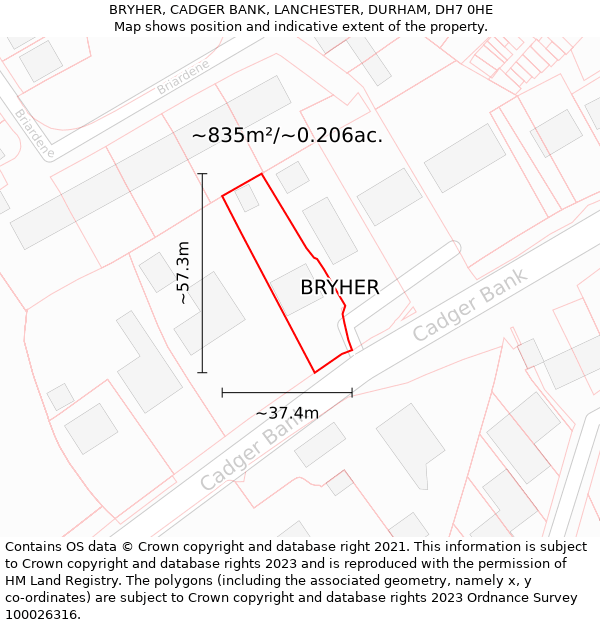 BRYHER, CADGER BANK, LANCHESTER, DURHAM, DH7 0HE: Plot and title map