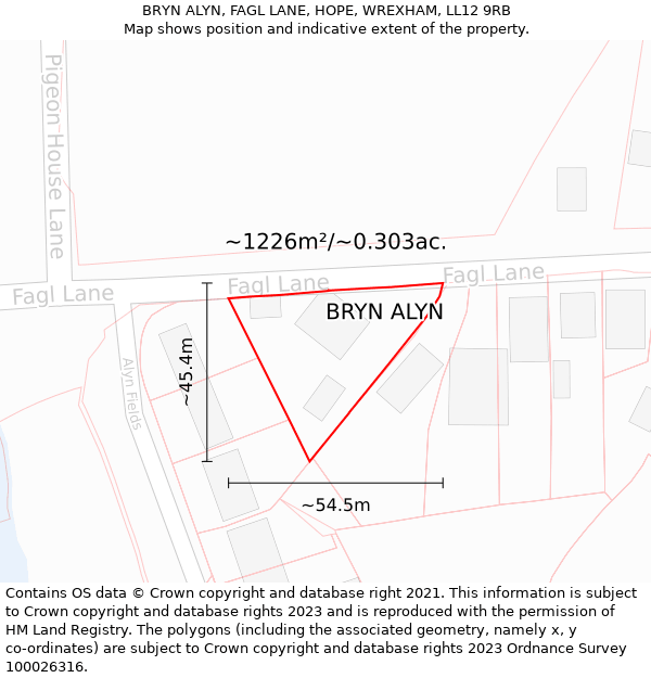 BRYN ALYN, FAGL LANE, HOPE, WREXHAM, LL12 9RB: Plot and title map