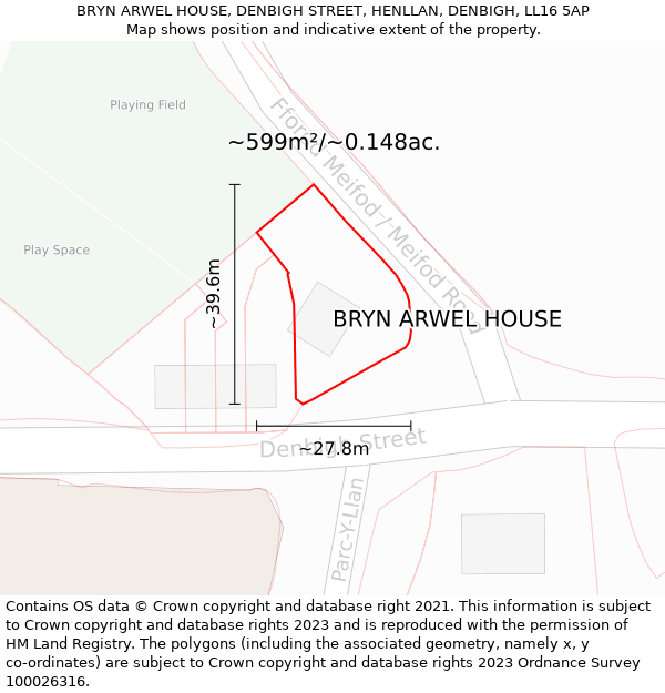 BRYN ARWEL HOUSE, DENBIGH STREET, HENLLAN, DENBIGH, LL16 5AP: Plot and title map