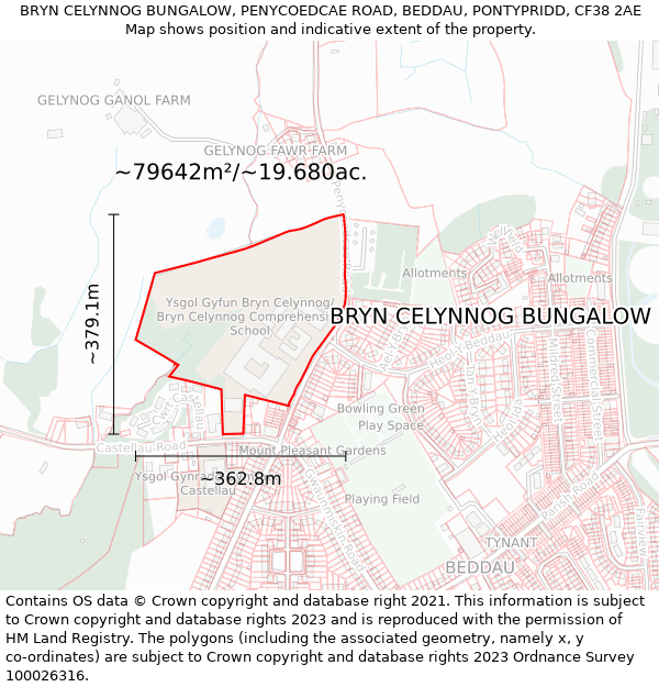 BRYN CELYNNOG BUNGALOW, PENYCOEDCAE ROAD, BEDDAU, PONTYPRIDD, CF38 2AE: Plot and title map