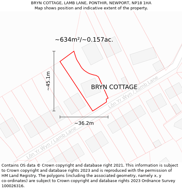 BRYN COTTAGE, LAMB LANE, PONTHIR, NEWPORT, NP18 1HA: Plot and title map