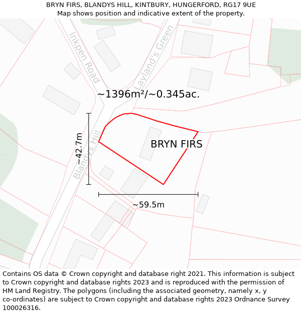 BRYN FIRS, BLANDYS HILL, KINTBURY, HUNGERFORD, RG17 9UE: Plot and title map