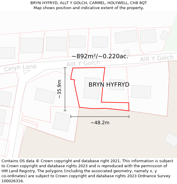 BRYN HYFRYD, ALLT Y GOLCH, CARMEL, HOLYWELL, CH8 8QT: Plot and title map