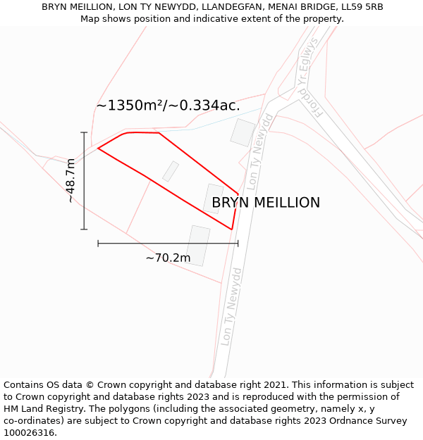 BRYN MEILLION, LON TY NEWYDD, LLANDEGFAN, MENAI BRIDGE, LL59 5RB: Plot and title map