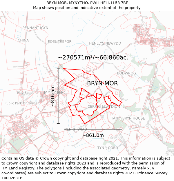 BRYN MOR, MYNYTHO, PWLLHELI, LL53 7RF: Plot and title map