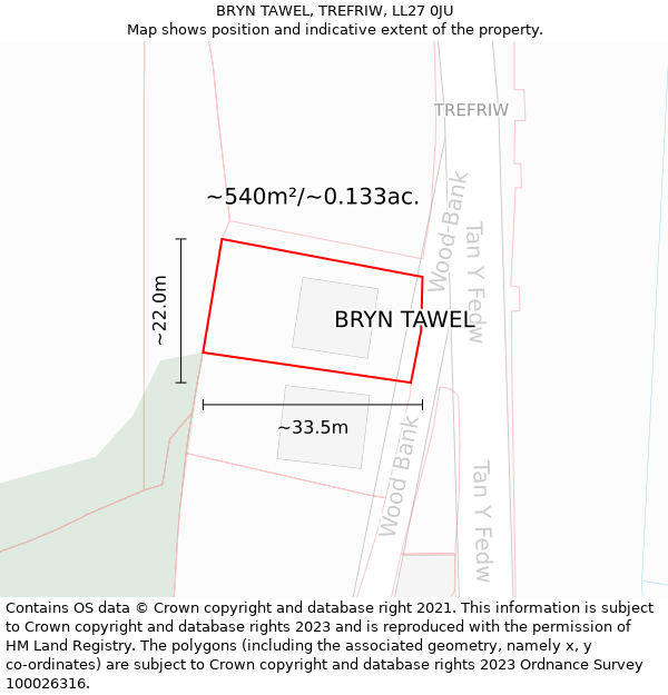 BRYN TAWEL, TREFRIW, LL27 0JU: Plot and title map