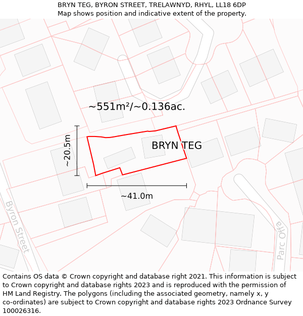 BRYN TEG, BYRON STREET, TRELAWNYD, RHYL, LL18 6DP: Plot and title map