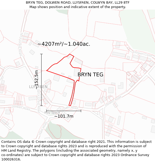 BRYN TEG, DOLWEN ROAD, LLYSFAEN, COLWYN BAY, LL29 8TF: Plot and title map