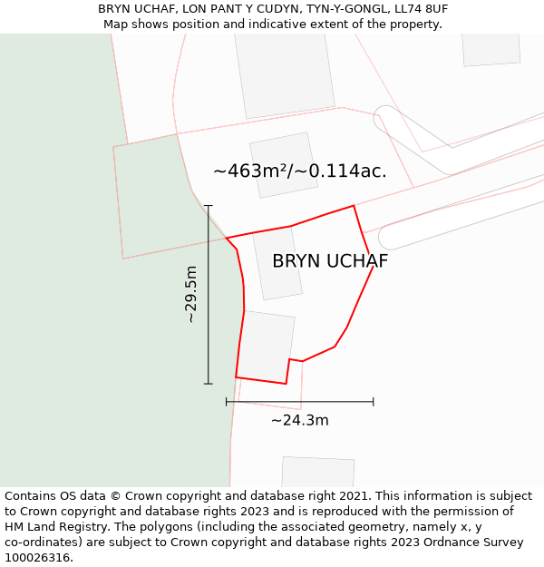 BRYN UCHAF, LON PANT Y CUDYN, TYN-Y-GONGL, LL74 8UF: Plot and title map