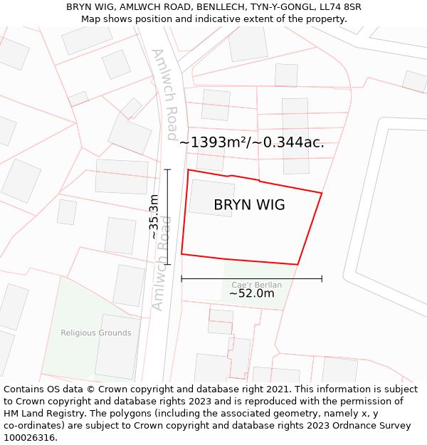 BRYN WIG, AMLWCH ROAD, BENLLECH, TYN-Y-GONGL, LL74 8SR: Plot and title map