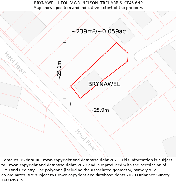 BRYNAWEL, HEOL FAWR, NELSON, TREHARRIS, CF46 6NP: Plot and title map