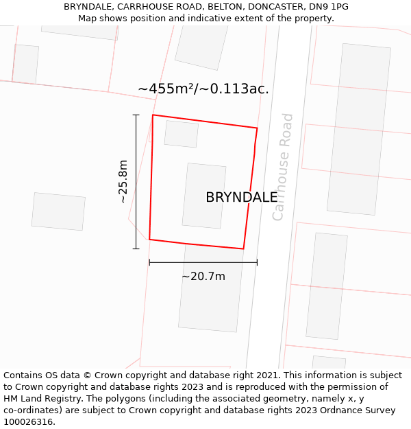 BRYNDALE, CARRHOUSE ROAD, BELTON, DONCASTER, DN9 1PG: Plot and title map