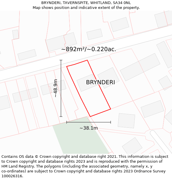 BRYNDERI, TAVERNSPITE, WHITLAND, SA34 0NL: Plot and title map