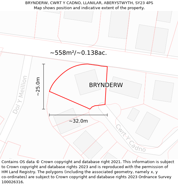 BRYNDERW, CWRT Y CADNO, LLANILAR, ABERYSTWYTH, SY23 4PS: Plot and title map