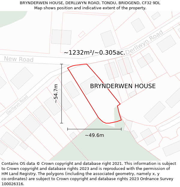 BRYNDERWEN HOUSE, DERLLWYN ROAD, TONDU, BRIDGEND, CF32 9DL: Plot and title map