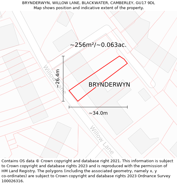 BRYNDERWYN, WILLOW LANE, BLACKWATER, CAMBERLEY, GU17 9DL: Plot and title map