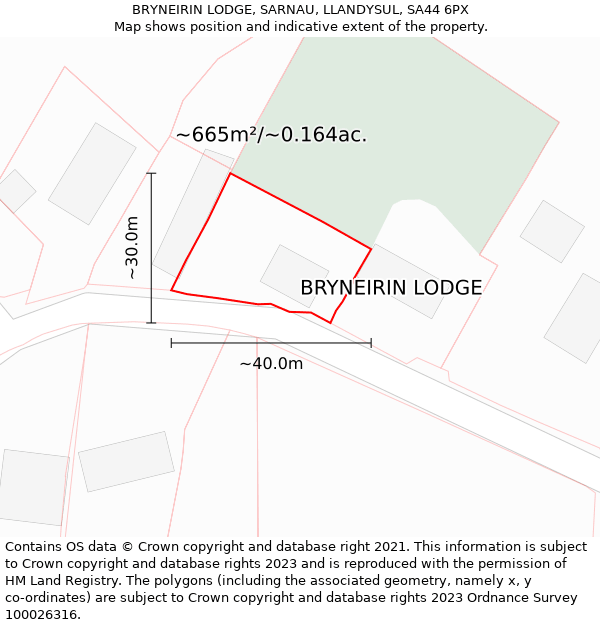 BRYNEIRIN LODGE, SARNAU, LLANDYSUL, SA44 6PX: Plot and title map