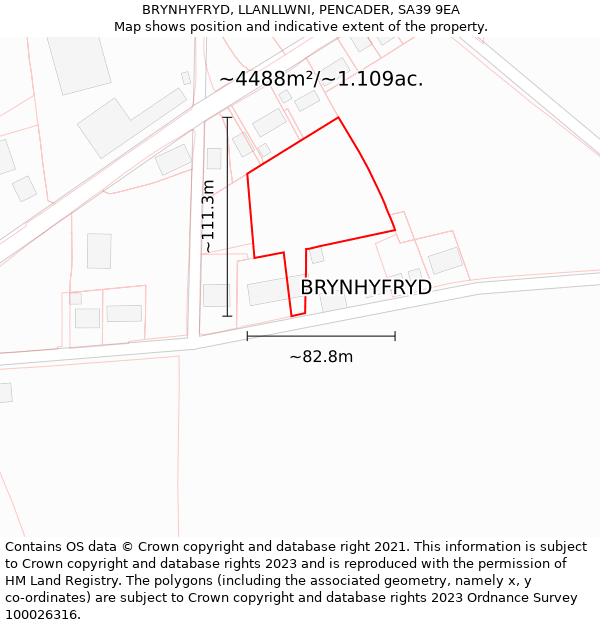 BRYNHYFRYD, LLANLLWNI, PENCADER, SA39 9EA: Plot and title map