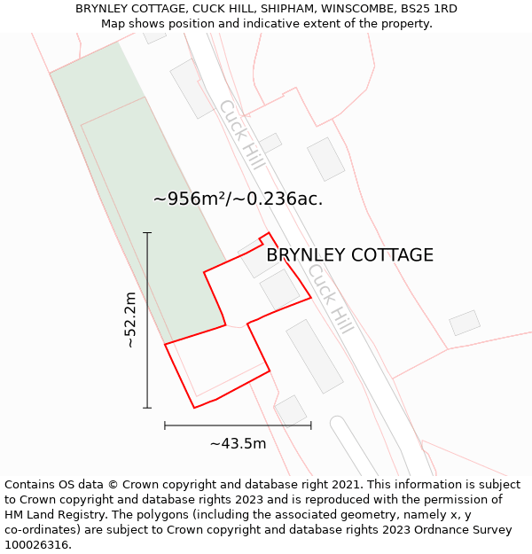 BRYNLEY COTTAGE, CUCK HILL, SHIPHAM, WINSCOMBE, BS25 1RD: Plot and title map