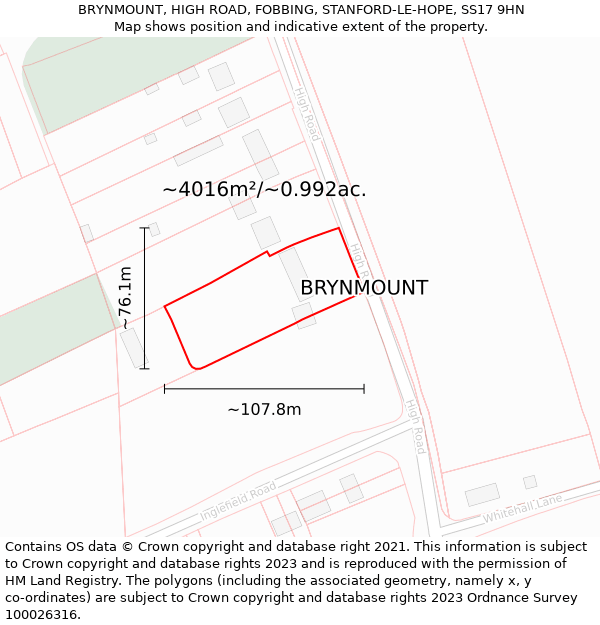 BRYNMOUNT, HIGH ROAD, FOBBING, STANFORD-LE-HOPE, SS17 9HN: Plot and title map