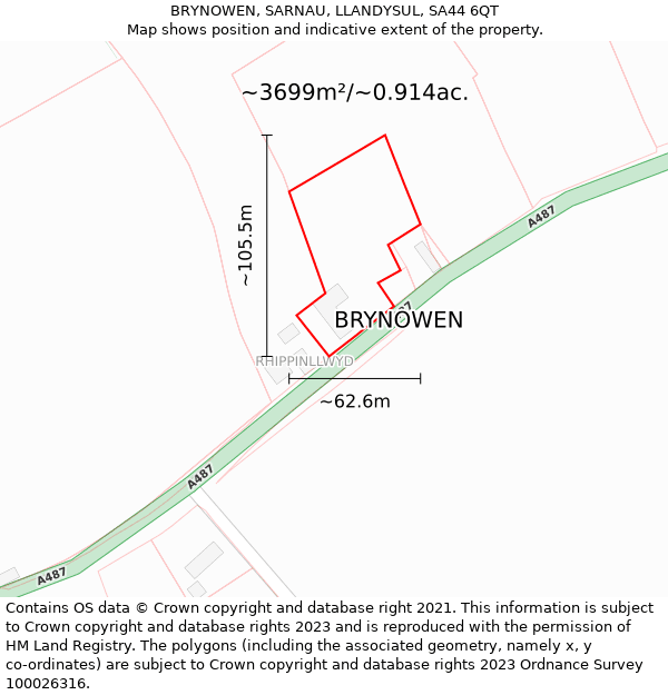 BRYNOWEN, SARNAU, LLANDYSUL, SA44 6QT: Plot and title map