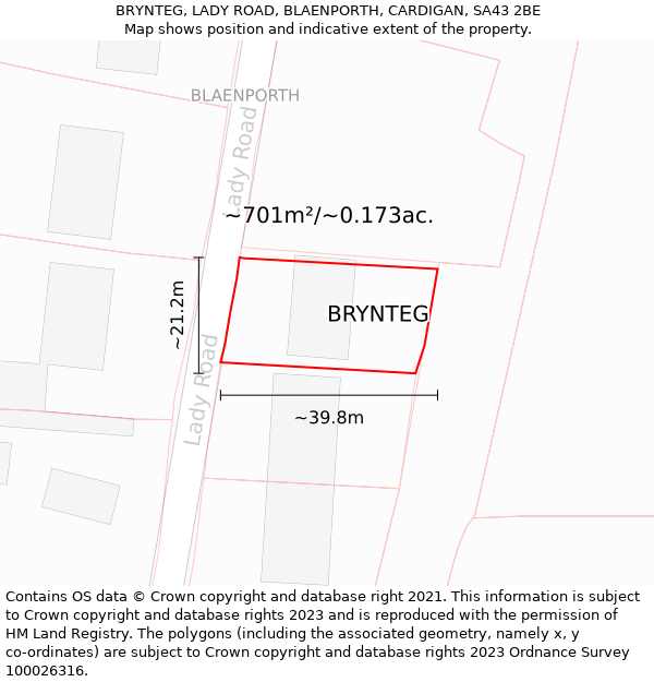 BRYNTEG, LADY ROAD, BLAENPORTH, CARDIGAN, SA43 2BE: Plot and title map