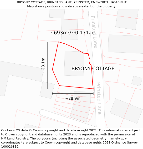 BRYONY COTTAGE, PRINSTED LANE, PRINSTED, EMSWORTH, PO10 8HT: Plot and title map