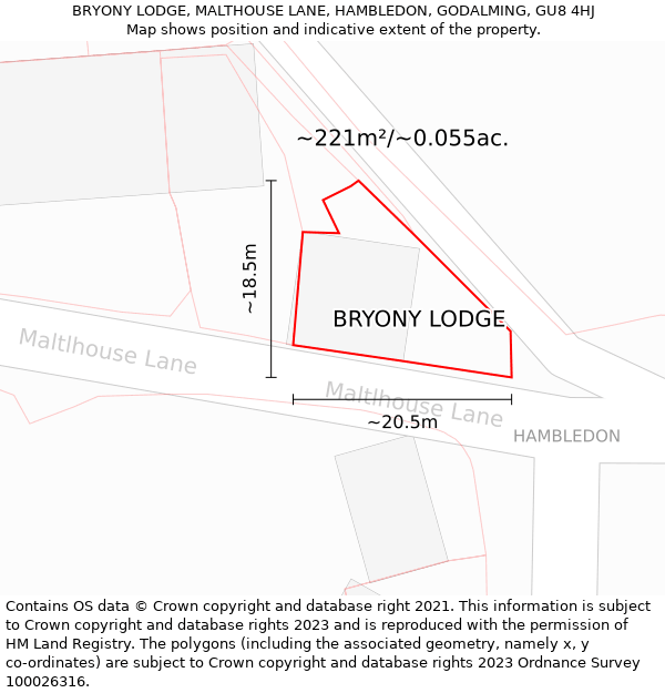 BRYONY LODGE, MALTHOUSE LANE, HAMBLEDON, GODALMING, GU8 4HJ: Plot and title map