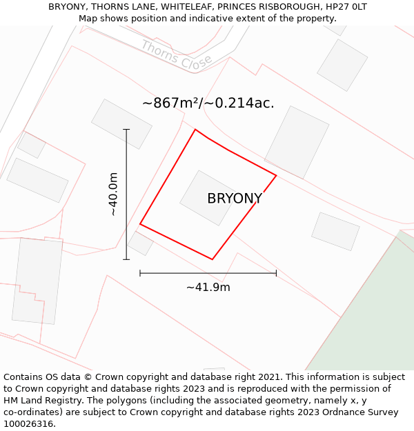 BRYONY, THORNS LANE, WHITELEAF, PRINCES RISBOROUGH, HP27 0LT: Plot and title map