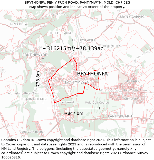 BRYTHONFA, PEN Y FRON ROAD, PANTYMWYN, MOLD, CH7 5EG: Plot and title map