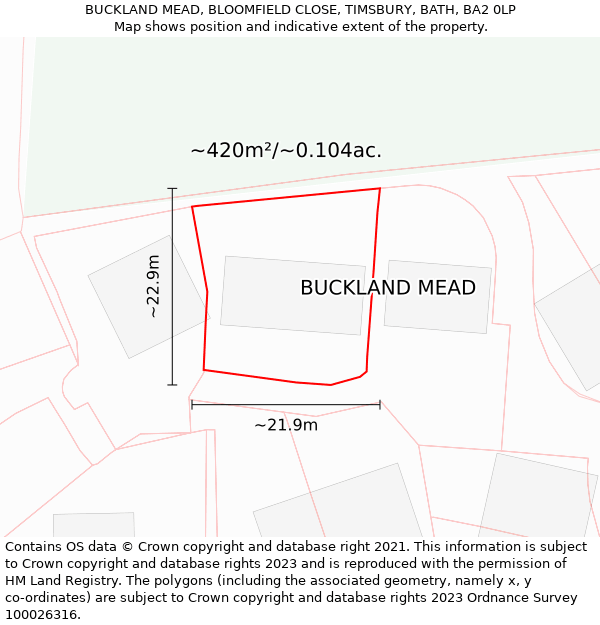 BUCKLAND MEAD, BLOOMFIELD CLOSE, TIMSBURY, BATH, BA2 0LP: Plot and title map