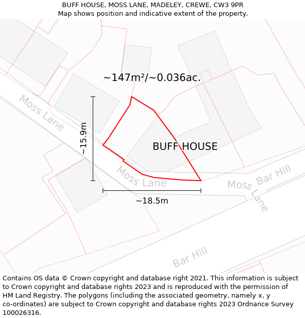 BUFF HOUSE, MOSS LANE, MADELEY, CREWE, CW3 9PR: Plot and title map