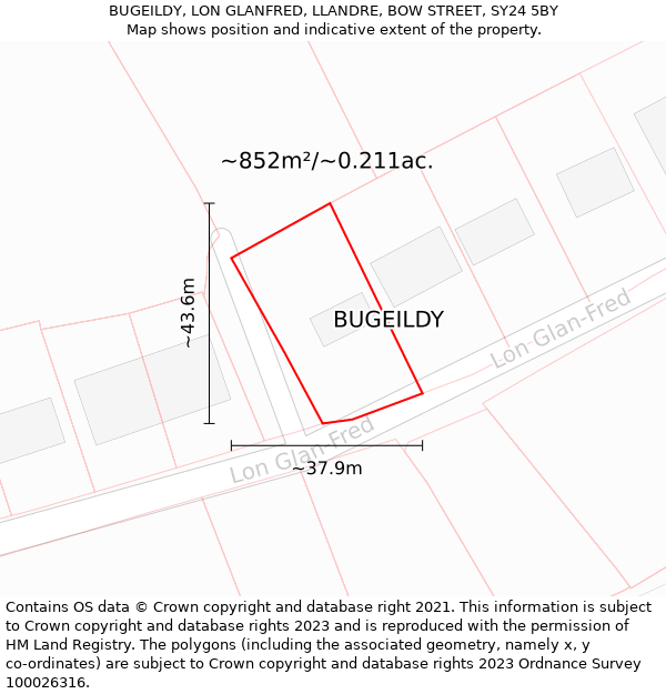 BUGEILDY, LON GLANFRED, LLANDRE, BOW STREET, SY24 5BY: Plot and title map