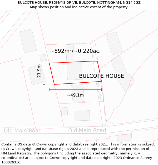 BULCOTE HOUSE, REDMAYS DRIVE, BULCOTE, NOTTINGHAM, NG14 5GZ: Plot and title map