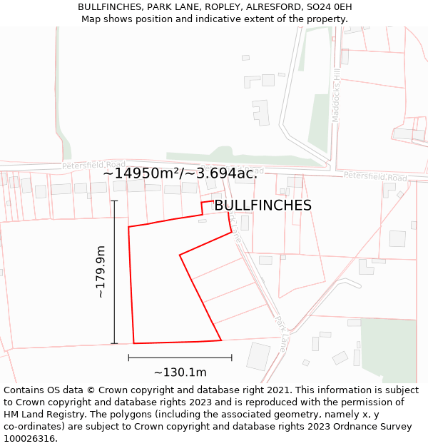 BULLFINCHES, PARK LANE, ROPLEY, ALRESFORD, SO24 0EH: Plot and title map