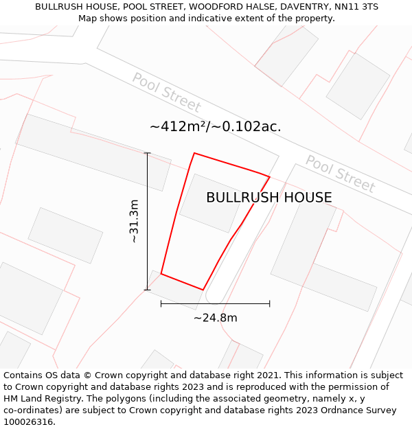 BULLRUSH HOUSE, POOL STREET, WOODFORD HALSE, DAVENTRY, NN11 3TS: Plot and title map