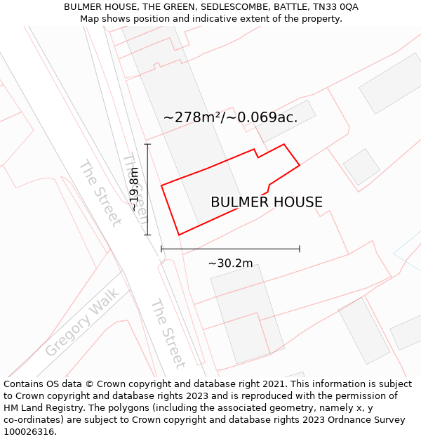 BULMER HOUSE, THE GREEN, SEDLESCOMBE, BATTLE, TN33 0QA: Plot and title map