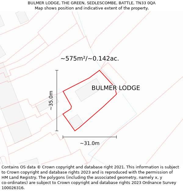 BULMER LODGE, THE GREEN, SEDLESCOMBE, BATTLE, TN33 0QA: Plot and title map