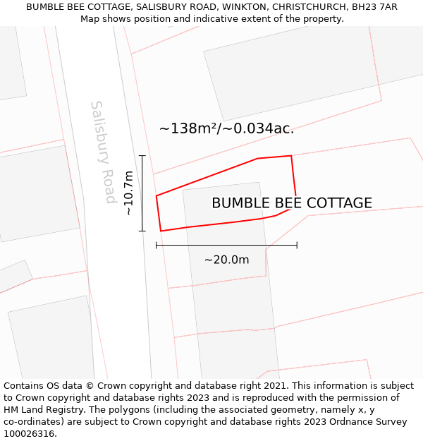 BUMBLE BEE COTTAGE, SALISBURY ROAD, WINKTON, CHRISTCHURCH, BH23 7AR: Plot and title map